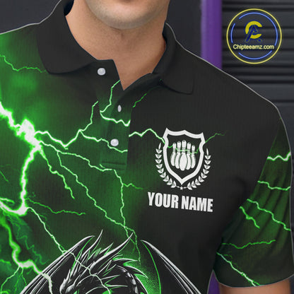 Personalized Black And Green Thunder Lightning Dragon Bowling Shirts For Men, Bowling Team Uniform NQS10296