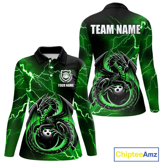 Personalized Black And Green Thunder Lightning Dragon Bowling Shirts For Women, Bowling Team Uniform NQS10296