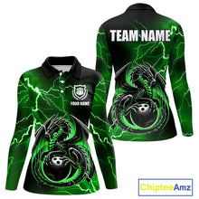 Load image into Gallery viewer, Personalized Black And Green Thunder Lightning Dragon Bowling Shirts For Women, Bowling Team Uniform NQS10296