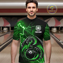 Load image into Gallery viewer, Personalized Black And Green Thunder Lightning Dragon Bowling Shirts For Men, Bowling Team Uniform NQS10296