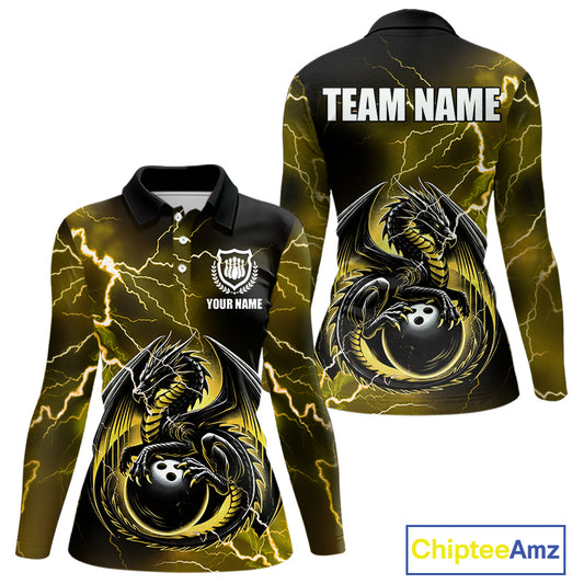 Personalized Black And Yellow Thunder Lightning Dragon Bowling Shirts For Women, Bowling Team Uniform NQS10297