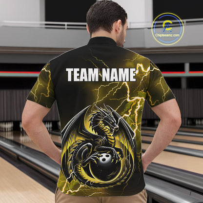 Personalized Black And Yellow Thunder Lightning Dragon Bowling Shirts For Men, Bowling Team Uniform NQS10297