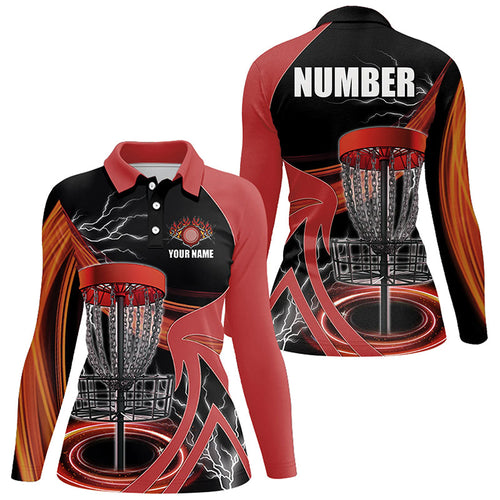 Womens disc golf polo shirts custom lightning thunder disc golf basket, disc golf jersey | Red NQS8528