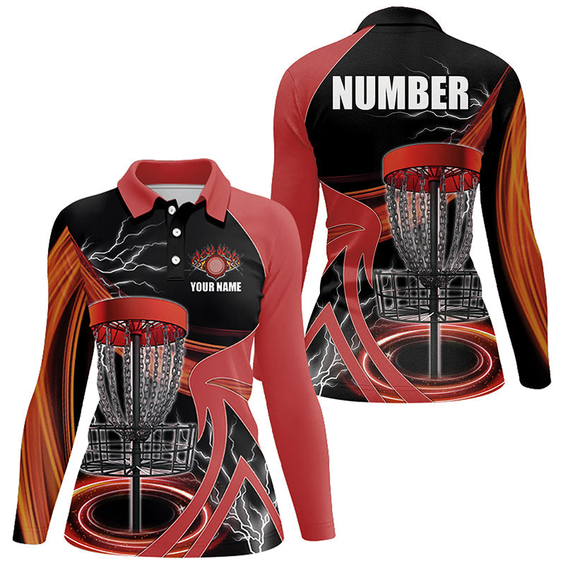 Womens disc golf polo shirts custom lightning thunder disc golf basket, disc golf jersey | Red NQS8528