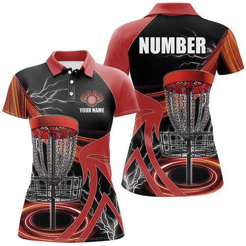 Womens disc golf polo shirts custom lightning thunder disc golf basket, disc golf jersey | Red NQS8528