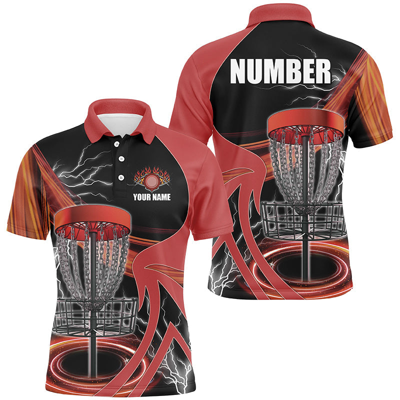 Mens disc golf polo shirt custom lightning thunder disc golf basket, disc golf jersey | Red NQS8528