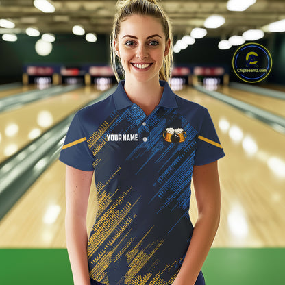 Blue and Yellow Pattern Women Bowling Shirt Custom Here For The Beer Funny Bowling Tournament Shirt NQS10717