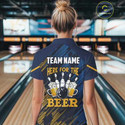 Blue and Yellow Pattern Women Bowling Shirt Custom Here For The Beer Funny Bowling Tournament Shirt NQS10717