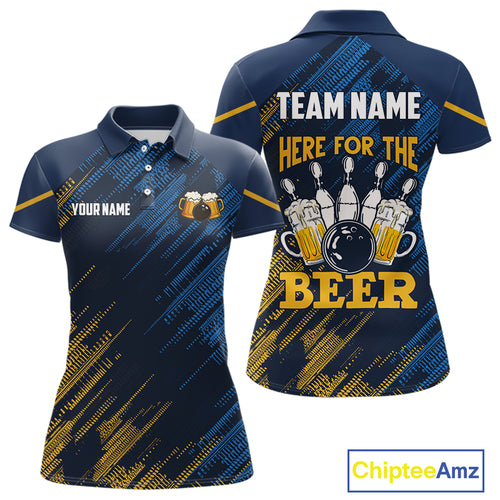 Blue and Yellow Pattern Women Bowling Shirt Custom Here For The Beer Funny Bowling Tournament Shirt NQS10717