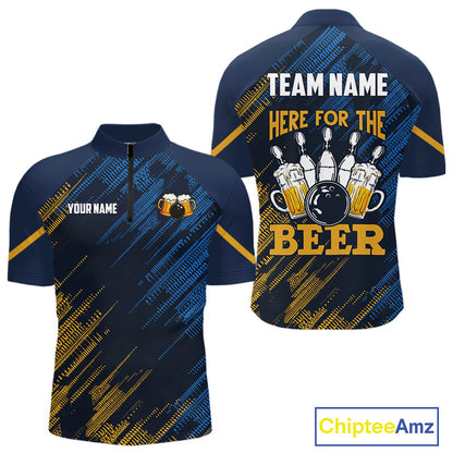 Blue and Yellow Pattern Bowling Shirt For Men Custom Here For The Beer Funny Bowling Tournament Shirt NQS10717