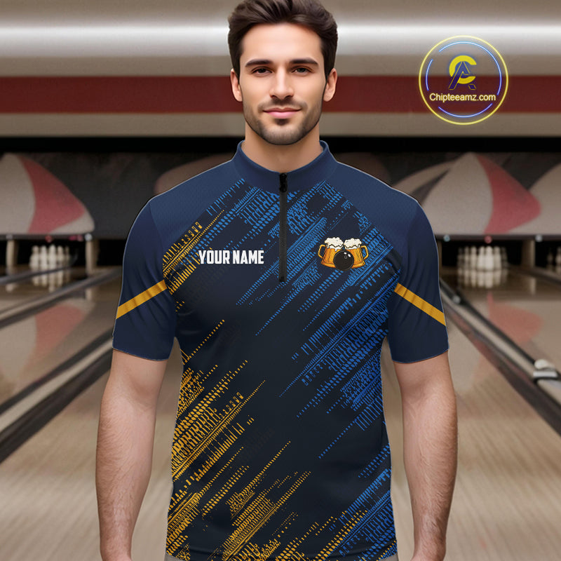 Blue and Yellow Pattern Bowling Shirt For Men Custom Here For The Beer Funny Bowling Tournament Shirt NQS10717