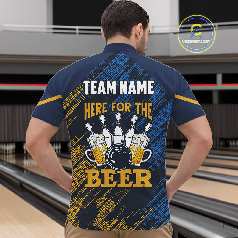 Blue and Yellow Pattern Bowling Shirt For Men Custom Here For The Beer Funny Bowling Tournament Shirt NQS10717