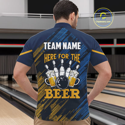 Blue and Yellow Pattern Bowling Shirt For Men Custom Here For The Beer Funny Bowling Tournament Shirt NQS10717