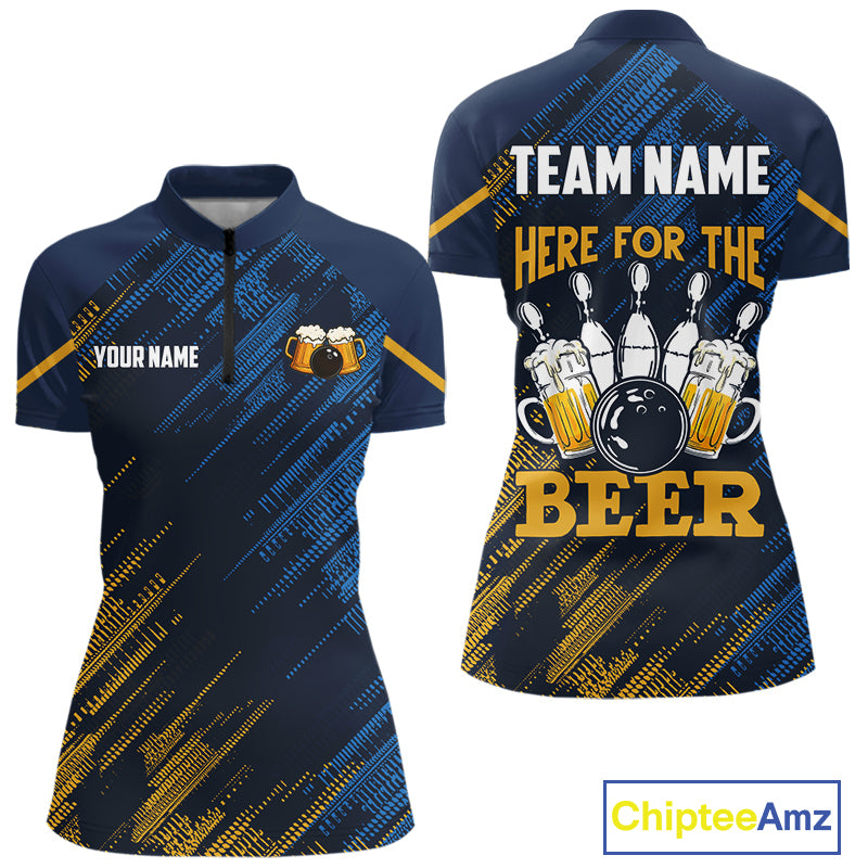 Blue and Yellow Pattern Women Bowling Shirt Custom Here For The Beer Funny Bowling Tournament Shirt NQS10717