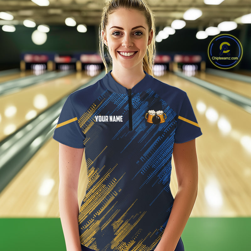 Blue and Yellow Pattern Women Bowling Shirt Custom Here For The Beer Funny Bowling Tournament Shirt NQS10717