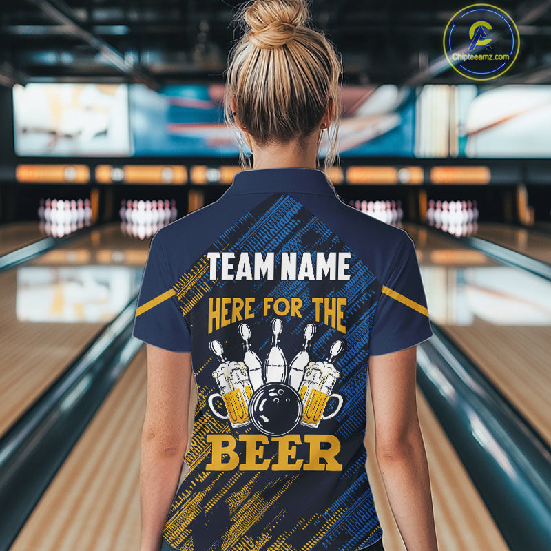 Blue and Yellow Pattern Women Bowling Shirt Custom Here For The Beer Funny Bowling Tournament Shirt NQS10717