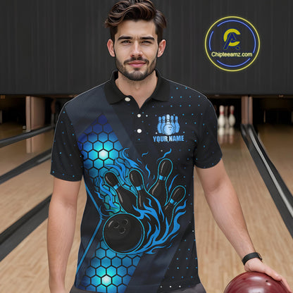 Black and Blue Flame Bowling Polo, 1/4 Zip Shirts for Men Custom Bowling Team Jersey Bowler Outfit NQS10925