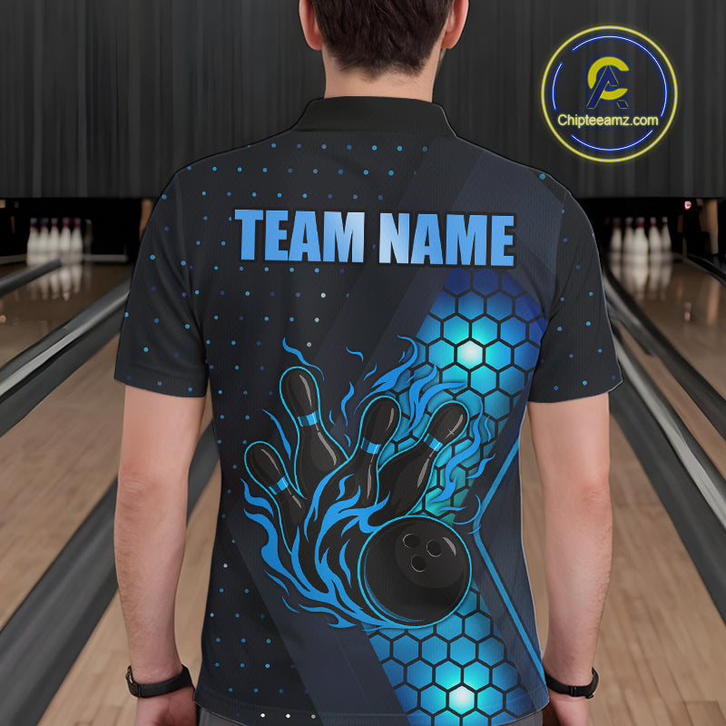 Black and Blue Flame Bowling Polo, 1/4 Zip Shirts for Men Custom Bowling Team Jersey Bowler Outfit NQS10925