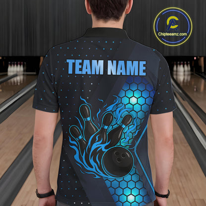 Black and Blue Flame Bowling Polo, 1/4 Zip Shirts for Men Custom Bowling Team Jersey Bowler Outfit NQS10925