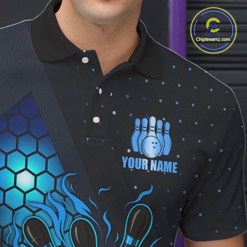 Black and Blue Flame Bowling Polo, 1/4 Zip Shirts for Men Custom Bowling Team Jersey Bowler Outfit NQS10925