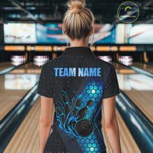 Load image into Gallery viewer, Black and Blue Flame Bowling Polo, 1/4 Zip Shirts for Women Custom Bowling Team Jersey Bowler Outfit NQS10925
