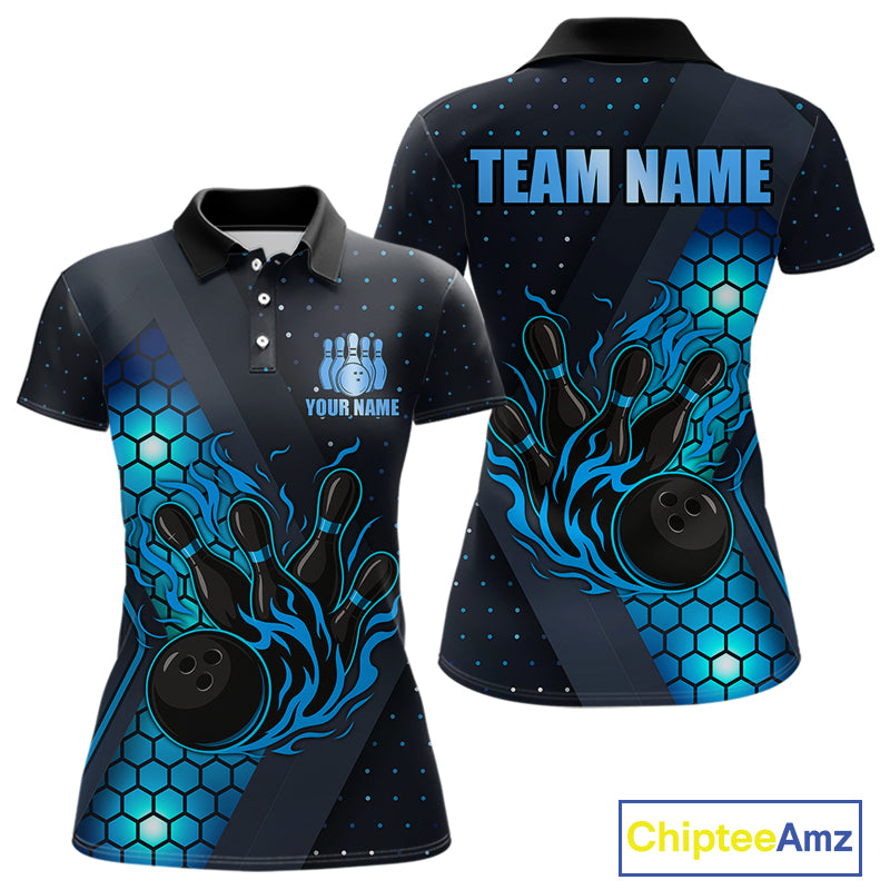 Black and Blue Flame Bowling Polo, 1/4 Zip Shirts for Women Custom Bowling Team Jersey Bowler Outfit NQS10925