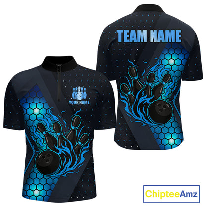 Black and Blue Flame Bowling Polo, 1/4 Zip Shirts for Men Custom Bowling Team Jersey Bowler Outfit NQS10925