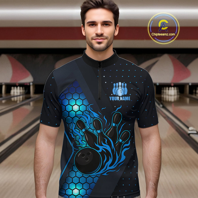 Black and Blue Flame Bowling Polo, 1/4 Zip Shirts for Men Custom Bowling Team Jersey Bowler Outfit NQS10925