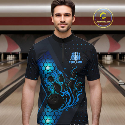 Black and Blue Flame Bowling Polo, 1/4 Zip Shirts for Men Custom Bowling Team Jersey Bowler Outfit NQS10925