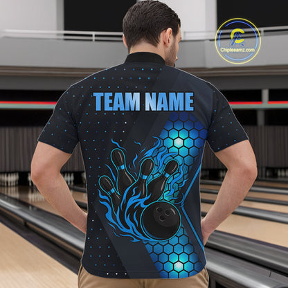Black and Blue Flame Bowling Polo, 1/4 Zip Shirts for Men Custom Bowling Team Jersey Bowler Outfit NQS10925