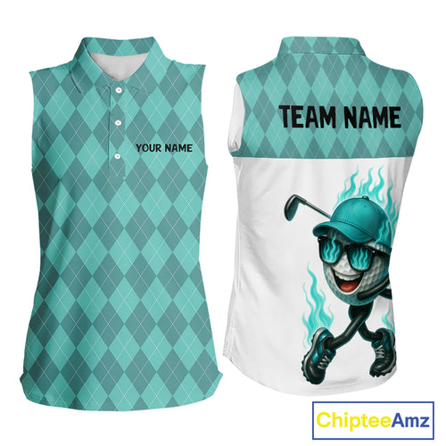 Turquoise argyle pattern Funny Flame Women Sleeveless golf polo shirt Custom team ladies Golf attire NQS11102