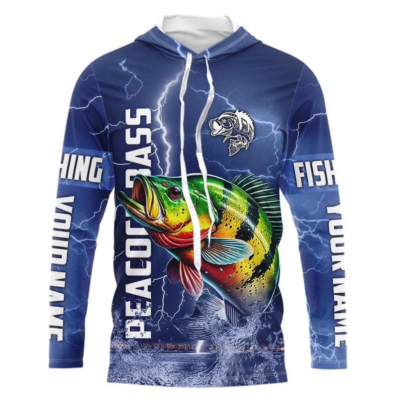 Peacock Bass Fishing blue lightning jerseys custom performance Long Sleeve tournament fishing shirts NQS9237