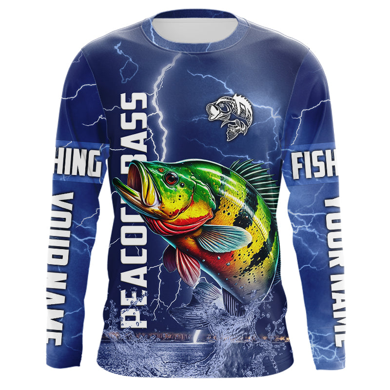 Peacock Bass Fishing blue lightning jerseys custom performance Long Sleeve tournament fishing shirts NQS9237