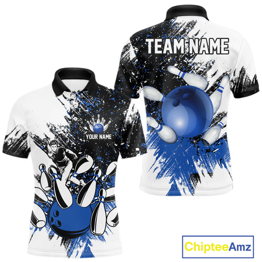 Black and White Men Bowling Polo, Quarter Zip Shirt Custom bowling jersey, mens bowling outfit | Blue NQS11305