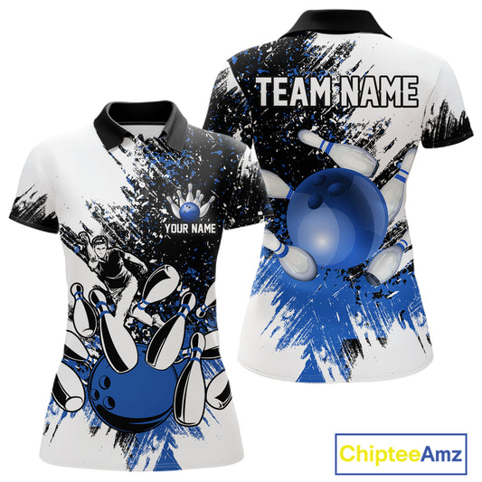 Black & White Women Bowling Polo, 1/4 Zip Shirts Custom bowling jersey, girls bowling outfit | Blue NQS11305