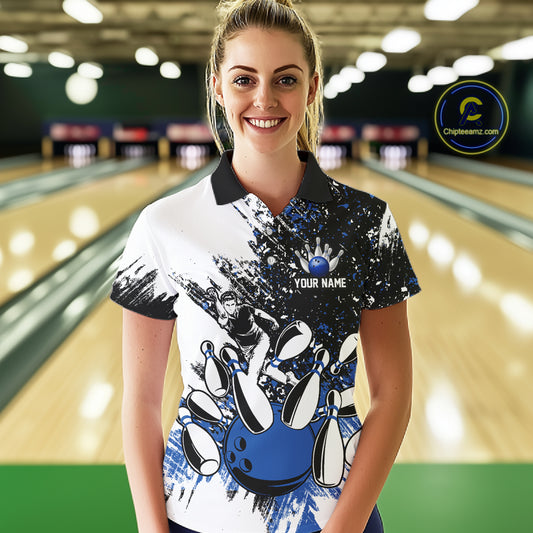 Black & White Women Bowling Polo, 1/4 Zip Shirts Custom bowling jersey, girls bowling outfit | Blue NQS11305