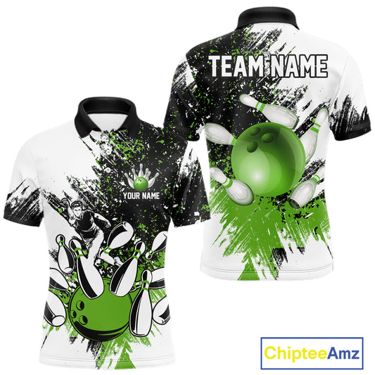 Black & White Men Bowling Polo, Quarter Zip Shirt Custom bowling jersey, mens bowling outfit | Green NQS11306