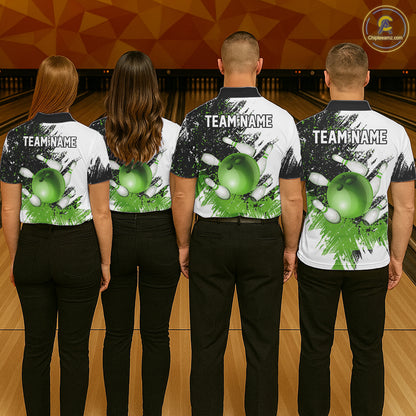 Black & White Men Bowling Polo, Quarter Zip Shirt Custom bowling jersey, mens bowling outfit | Green NQS11306