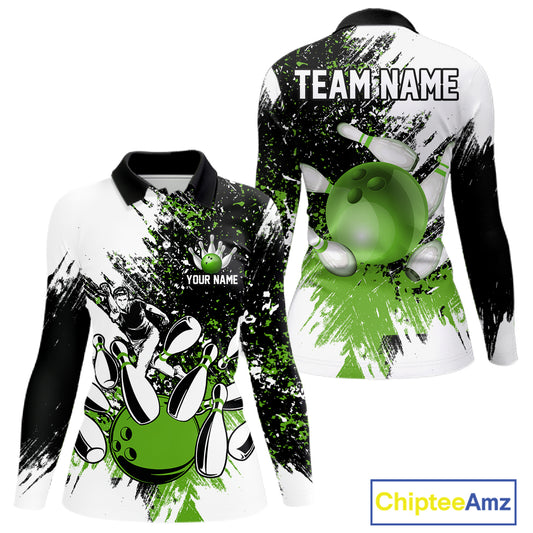 Black & White Women Bowling Polo, 1/4 Zip Shirts Custom bowling jersey, girls bowling outfit | Green NQS11306