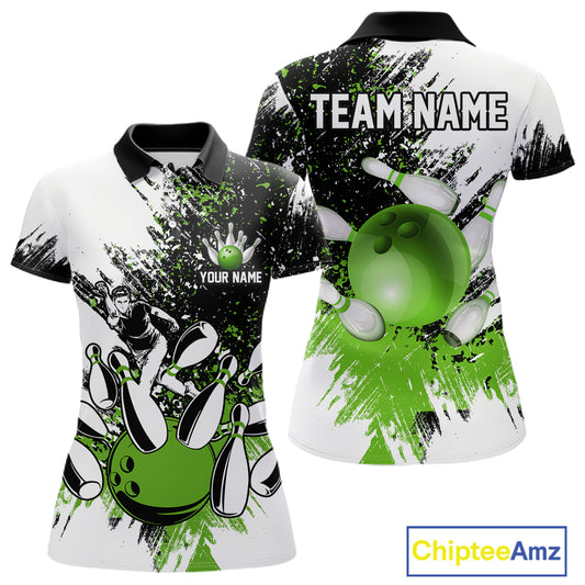 Black & White Women Bowling Polo, 1/4 Zip Shirts Custom bowling jersey, girls bowling outfit | Green NQS11306