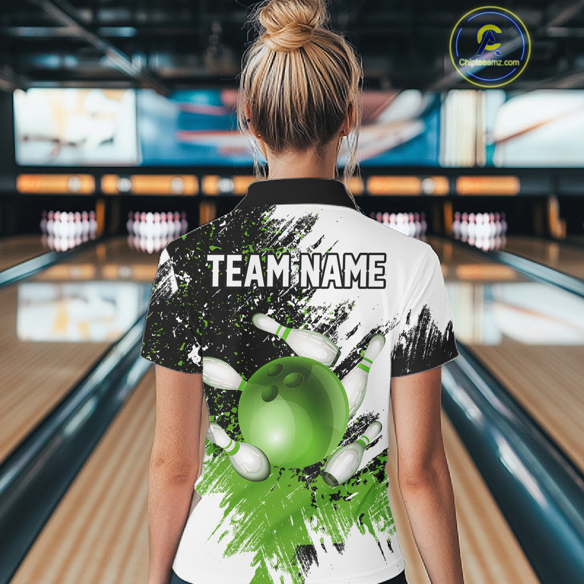 Black & White Women Bowling Polo, 1/4 Zip Shirts Custom bowling jersey, girls bowling outfit | Green NQS11306