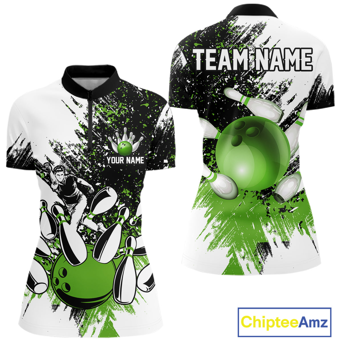 Black & White Women Bowling Polo, 1/4 Zip Shirts Custom bowling jersey, girls bowling outfit | Green NQS11306