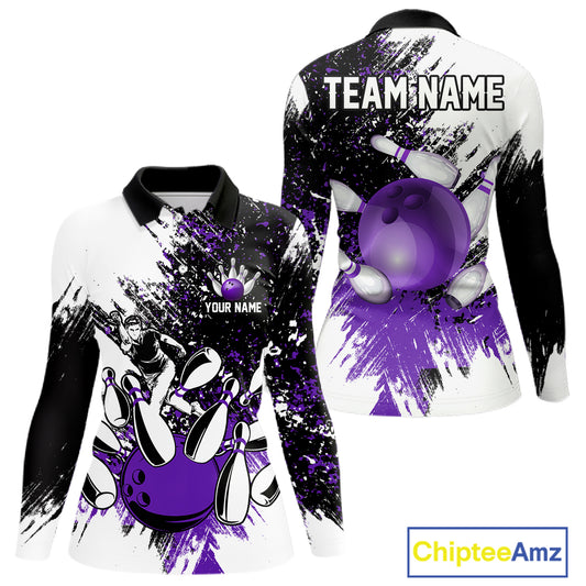 Black & White Women Bowling Polo, 1/4 Zip Shirts Custom bowling jersey, girls bowling outfit | Purple NQS11307