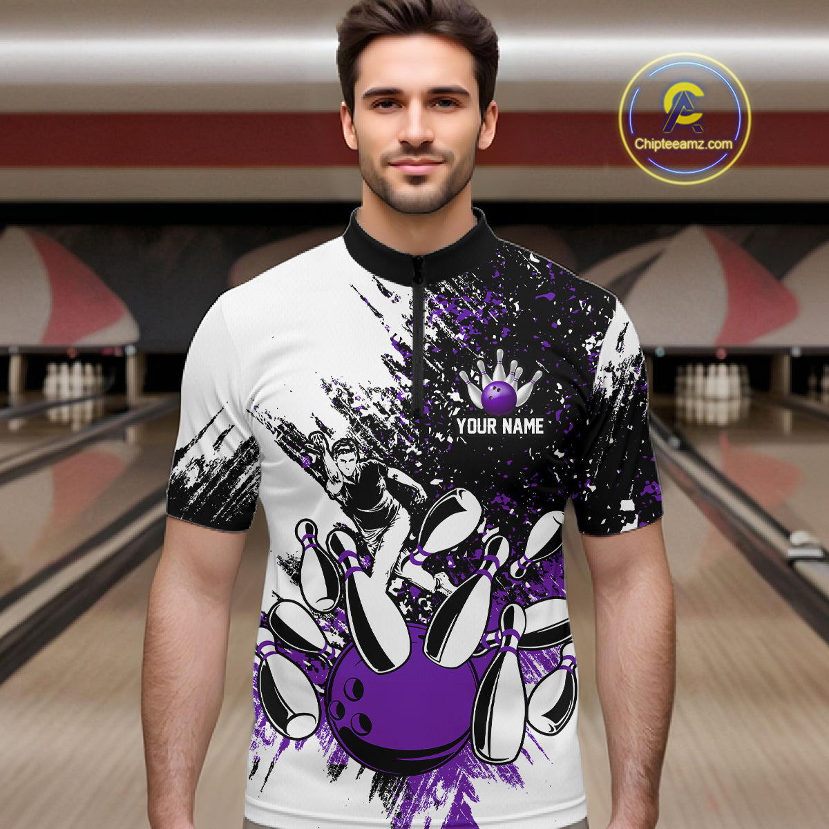 Black & White Men Bowling Polo, Quarter Zip Shirt Custom bowling jersey, mens bowling outfit | Purple NQS11307