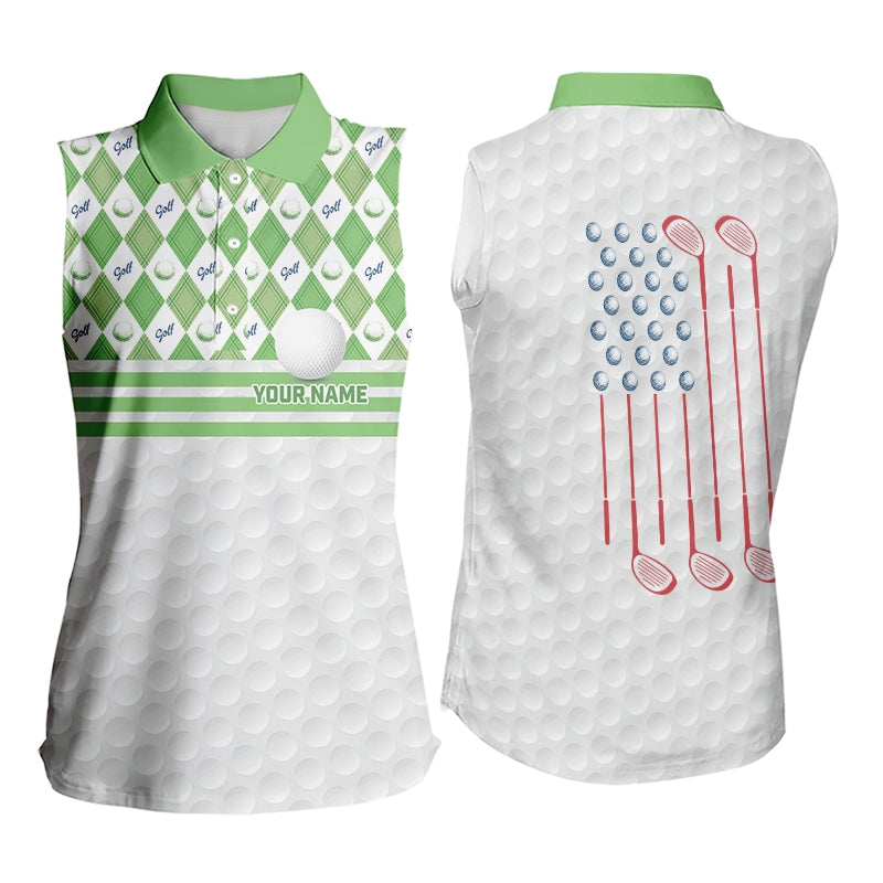Green argyle pattern American flag white Women sleeveless polos custom patriotic gifts for golf lovers NQS9595