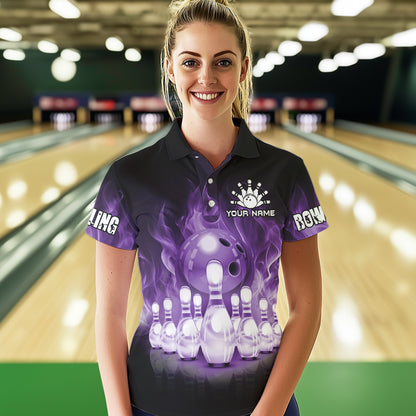 Black And Purple Flame Bowling ball pins Custom Bowling Shirts For Women, Bowling Team Shirt NQS9741