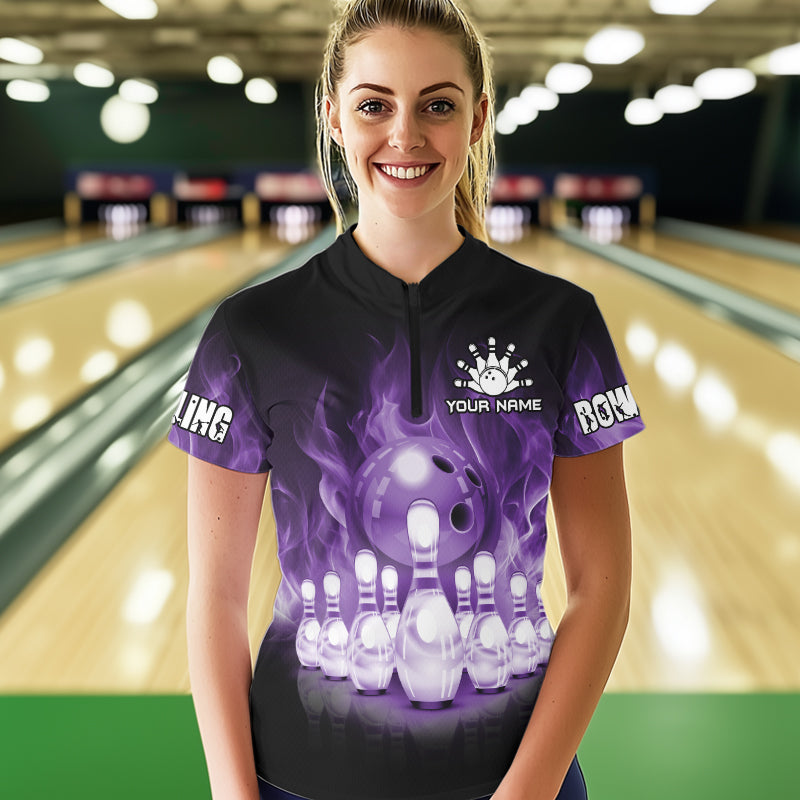 Black And Purple Flame Bowling ball pins Custom Bowling Shirts For Women, Bowling Team Shirt NQS9741