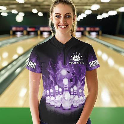 Black And Purple Flame Bowling ball pins Custom Bowling Shirts For Women, Bowling Team Shirt NQS9741