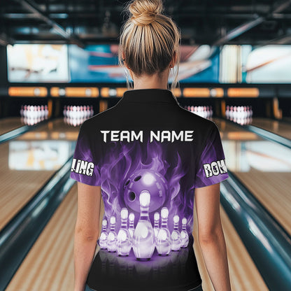Black And Purple Flame Bowling ball pins Custom Bowling Shirts For Women, Bowling Team Shirt NQS9741