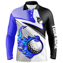 Load image into Gallery viewer, Mens golf polo shirts custom flame golf ball fire golf apparel for men, unique golf gifts | Blue NQS7520